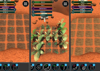3 captures d'écrans verticaux du jeu mobile Tevi Dans chacune, on voit une grille en 3D de sol d'un marron plus ou moins foncé en fonction de la quantité d'eau. Dessus, on voit quelques plantes sur le jardin de gauche, de nombreuses plantes sur celui du centre et aucune à droite. En haut, 5 barres sont représentées dans l'interface : "Food", "Fuel", "Construction", "Medicine", "Culture". En bas, l'interface représente des graines et des fruits.